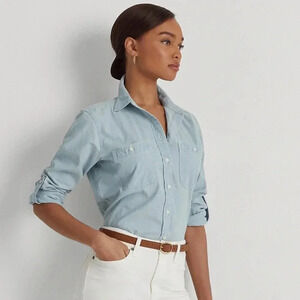 LAUREN Jeans Co Women’s 100% Cotton Chambray Roll Tab-Sleeve button down shirt